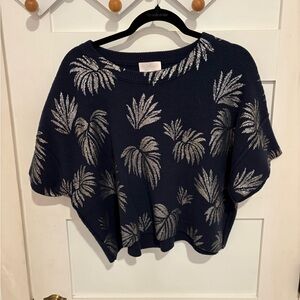 EUC cinq a sept Navy Crewneck Sweater with Silver Palm Motif Large